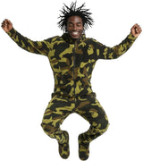 Men's Green Camouflage Hooded Footed Adult Onesie Pajamas, Plush Winter PJs with Hood