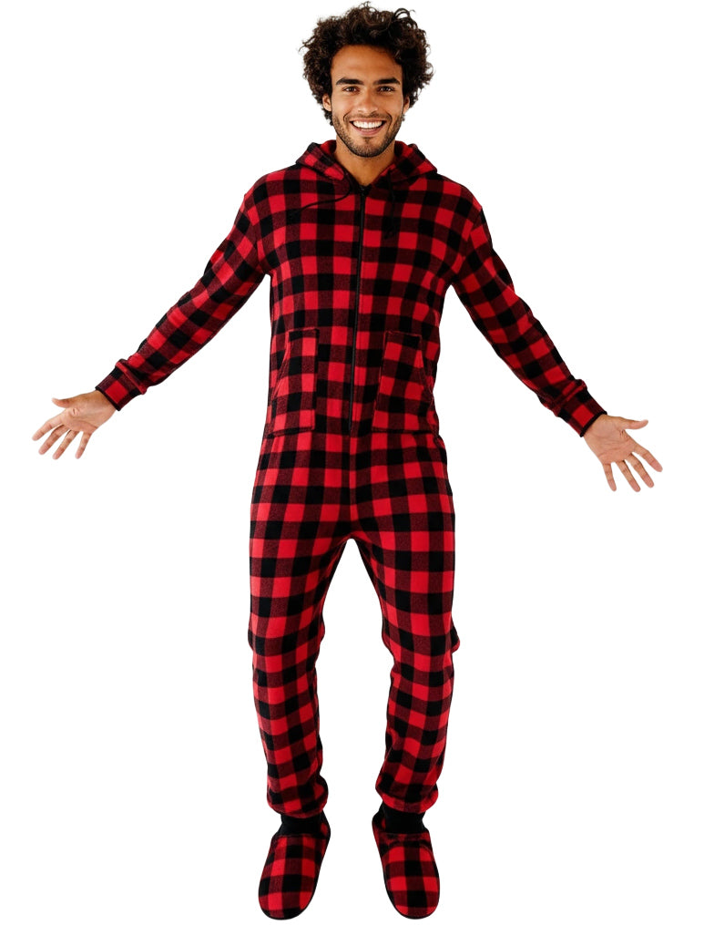 Men's Red Black Buffalo Check Hooded Footed Adult Onesie Pajamas, Plush Winter PJs with Hood