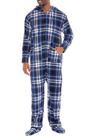 Men's Blue and White Plaid Hooded Footed Adult Onesie Pajamas, Plush Winter PJs with Hood
