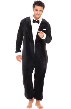 Men's Tuxedo Hooded Footed Adult Onesie Pajamas, Plush Winter PJs with Hood