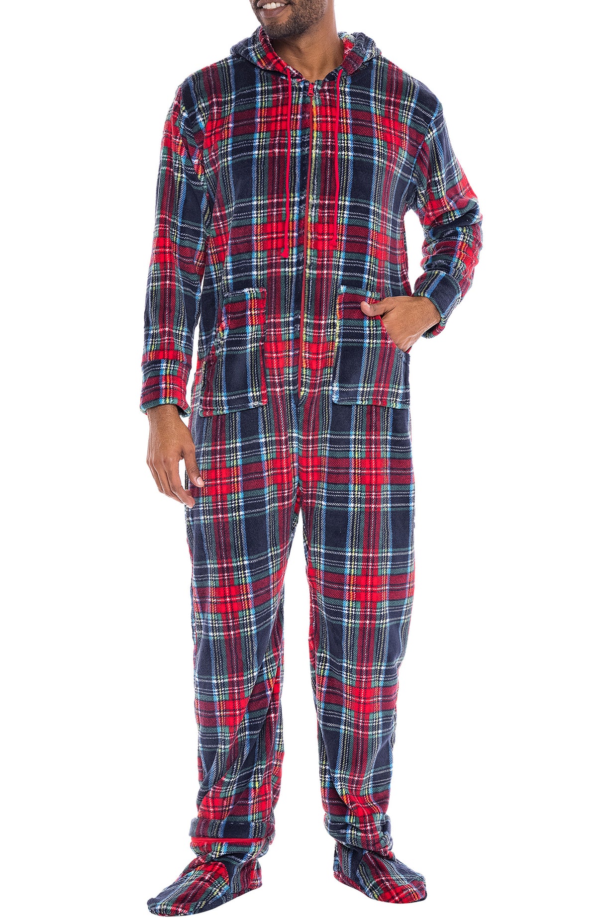 Men's Classic Tartan Plaid Blue Hooded Footed Adult Onesie Pajamas, Plush Winter PJs with Hood