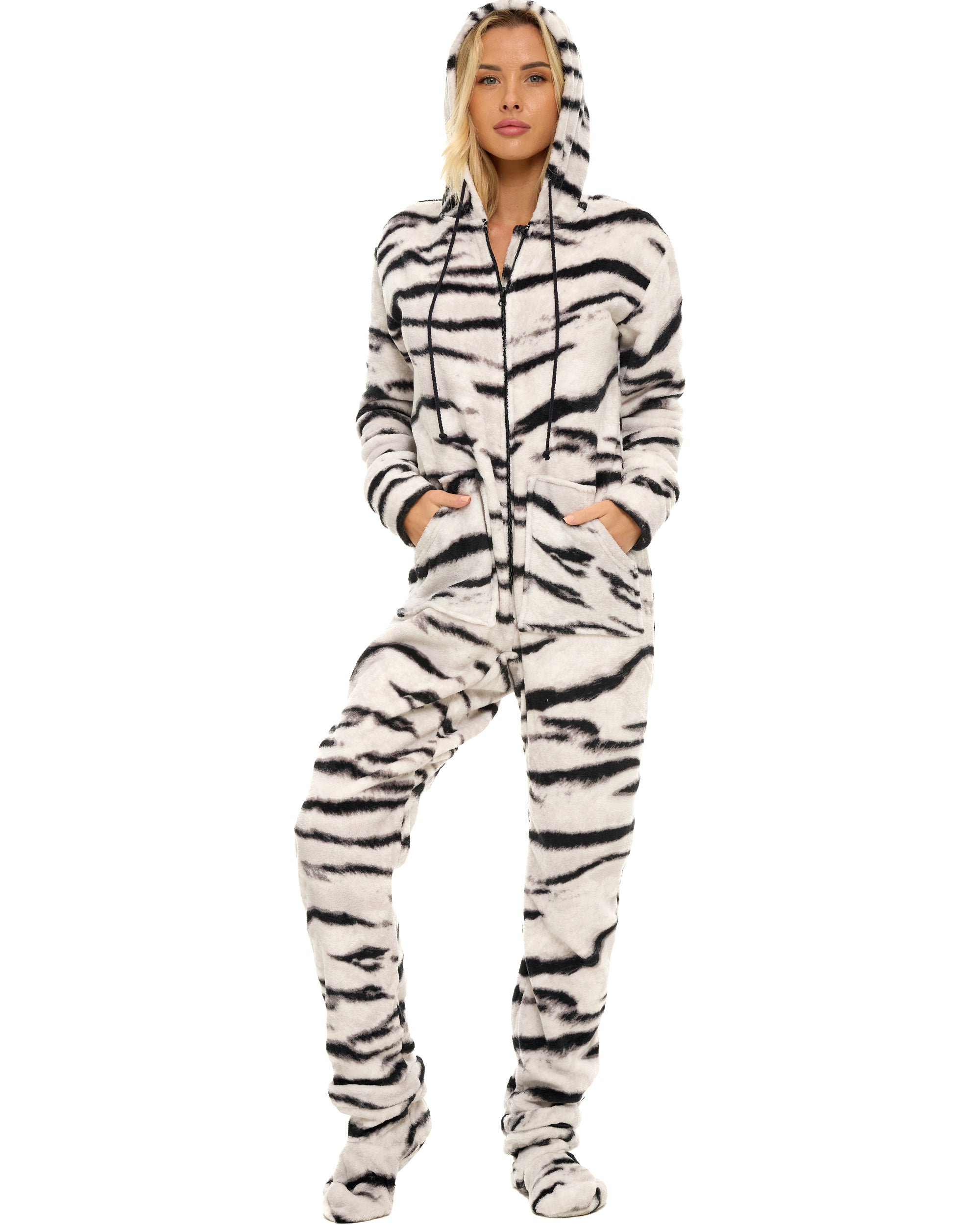 ADR Women's Plush Fleece One Piece Hooded Footed Zipper Pajamas