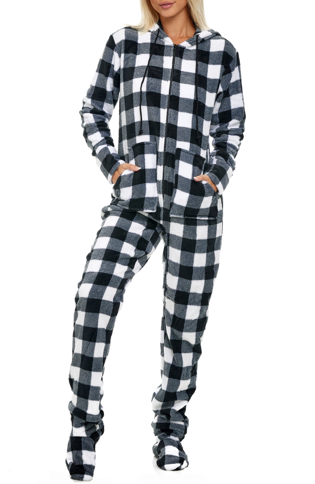 Women's Buffalo Check White Black Plaid Hooded Footed Pajamas, Plush Adult Onesie, Winter PJs with Hood