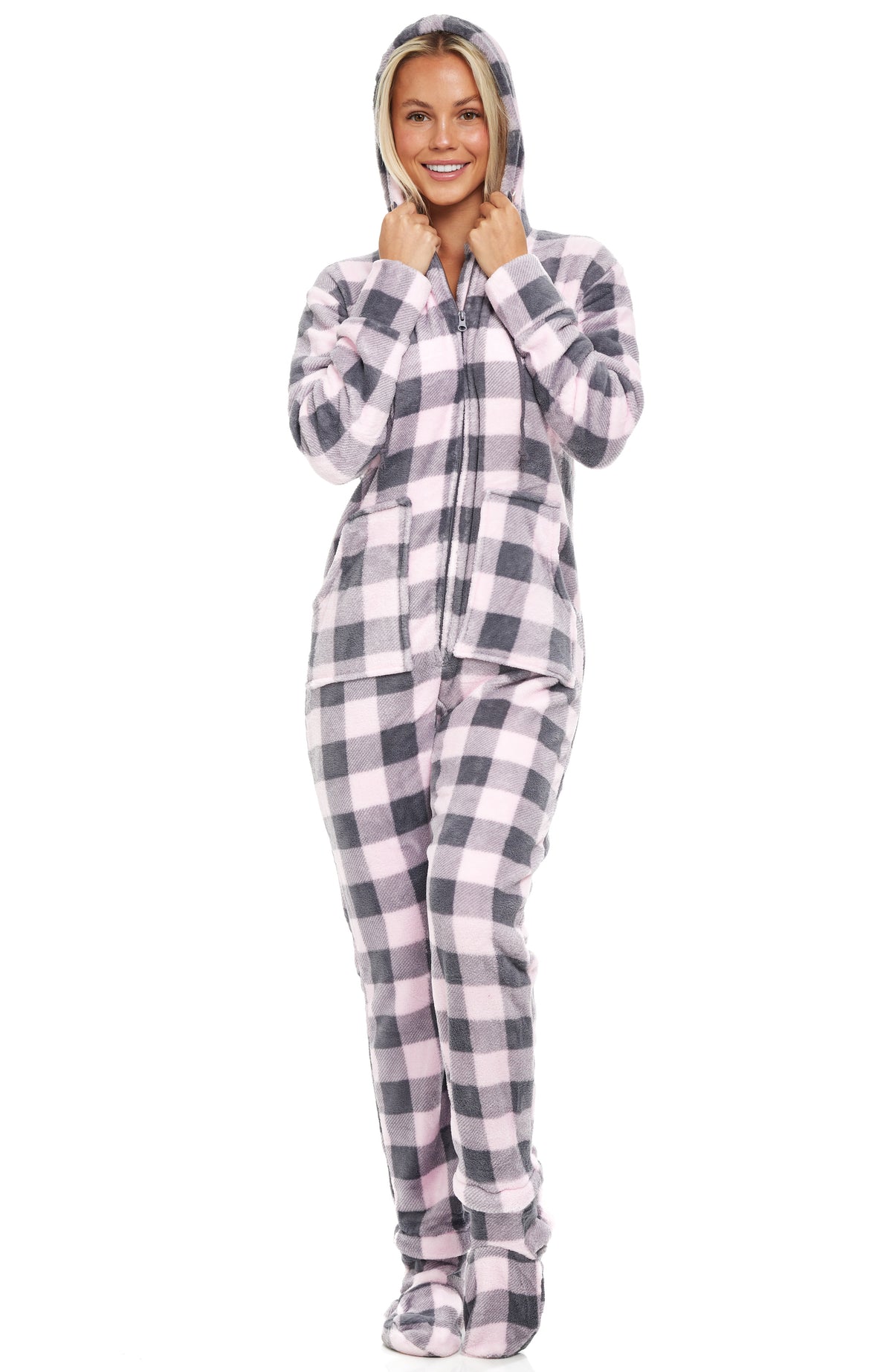 Women's Buffalo Check Plaid Pink Hooded Footed Pajamas, Plush Adult Onesie, Winter PJs with Hood
