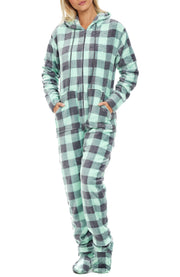 Women's Buffalo Check Sage Plaid Hooded Footed Pajamas, Plush Adult Onesie, Winter PJs with Hood