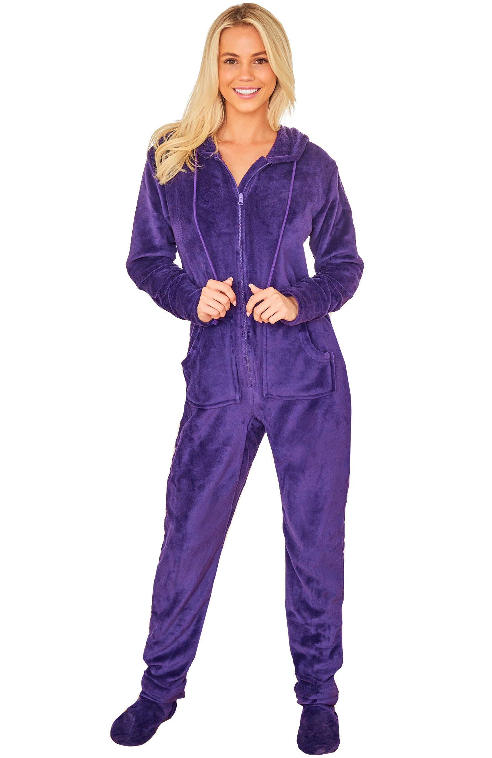 ADR Women's Plush Fleece One Piece Hooded Footed Zipper Pajamas