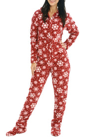 Women's Red Snowflake Hooded Footed Pajamas, Plush Adult Onesie, Winter PJs with Hood
