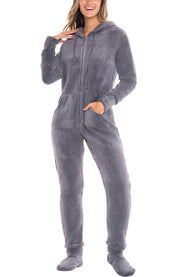 Women's Steel Gray Hooded Footed Pajamas, Plush Adult Onesie, Winter PJs with Hood