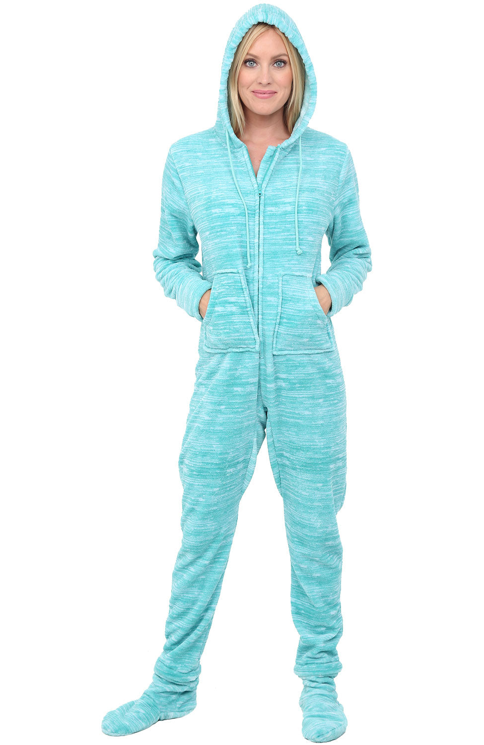 Women's Textured Aqua Hooded Footed Pajamas, Plush Adult Onesie, Winter PJs with Hood