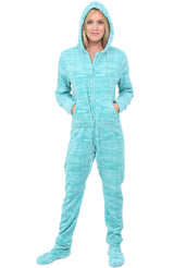 Women's Textured Aqua Hooded Footed Pajamas, Plush Adult Onesie, Winter PJs with Hood