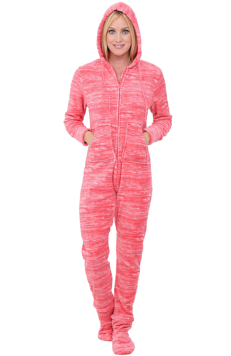 Women's Textured Orange Pink Hooded Footed Pajamas, Plush Adult Onesie, Winter PJs with Hood