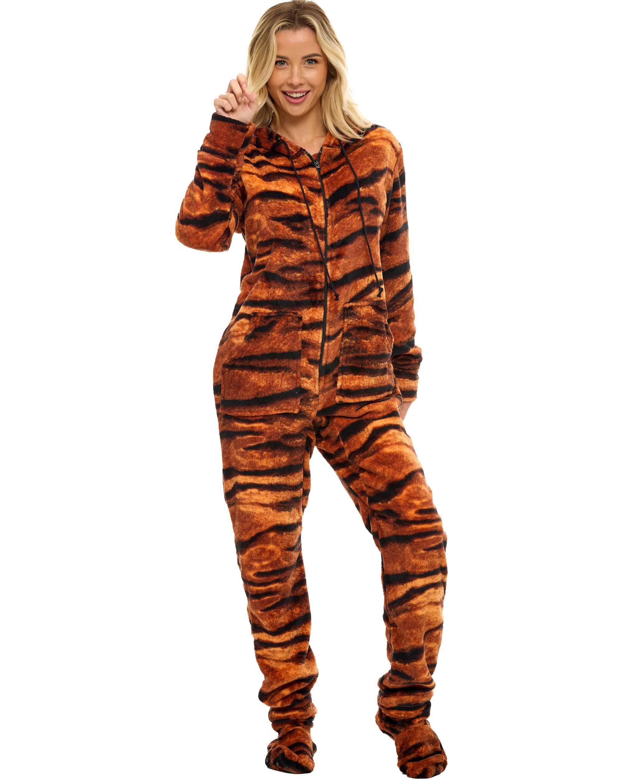 ADR Women's Plush Fleece One Piece Hooded Footed Zipper Pajamas