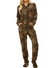 Women's Leopard Print Hooded Footed Pajamas, Plush Adult Onesie, Winter PJs with Hood