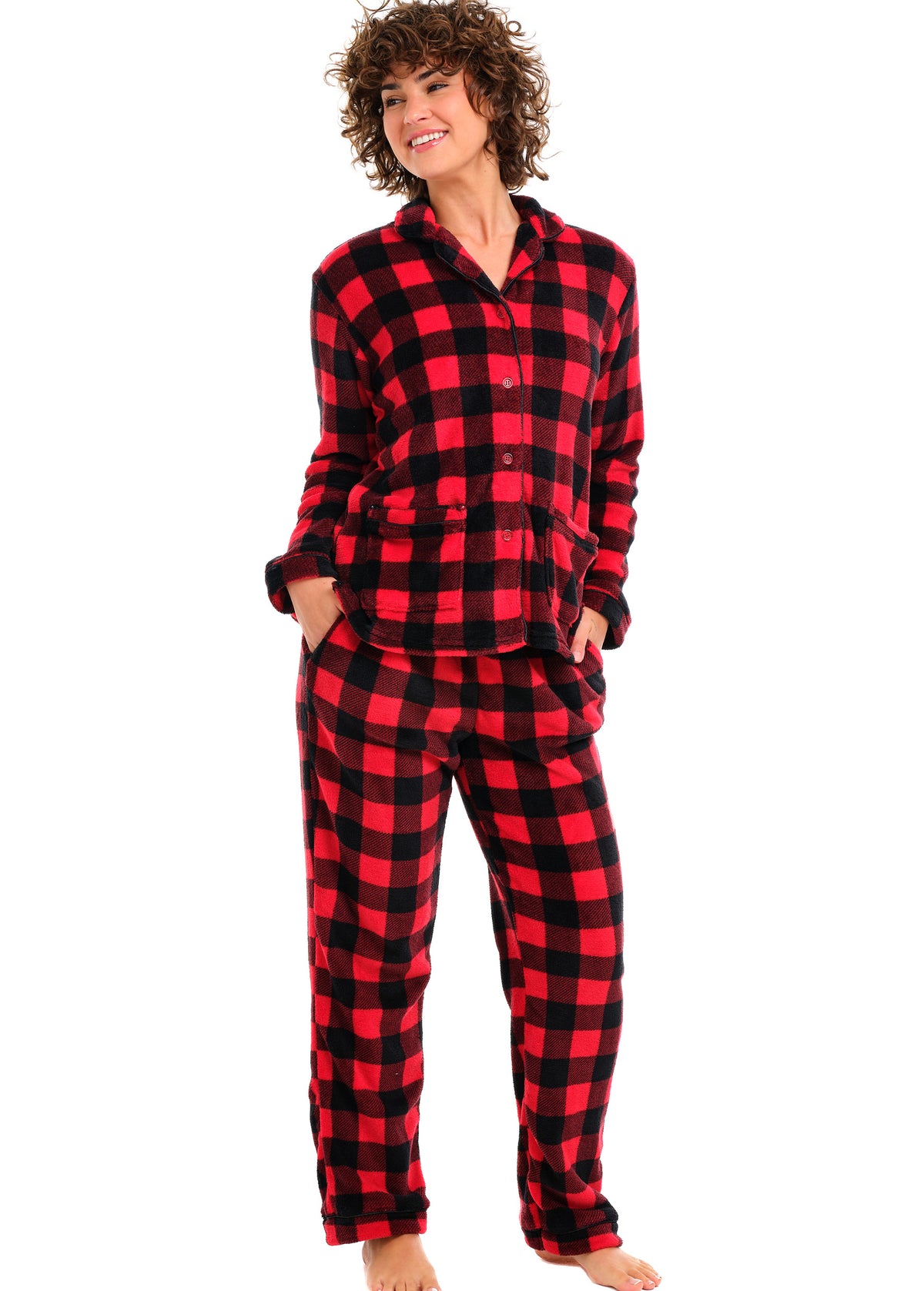 Women's Red Black Buffalo Check Plaid Soft Warm Fleece Pajamas Plush Lounge Set, Long Sleeve Top and Pants, PJ