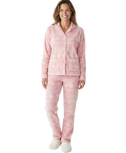 Women's Snowflake Fair Isle Pink Soft Warm Fleece Pajamas Plush Lounge Set, Long Sleeve Top and Pants, PJ