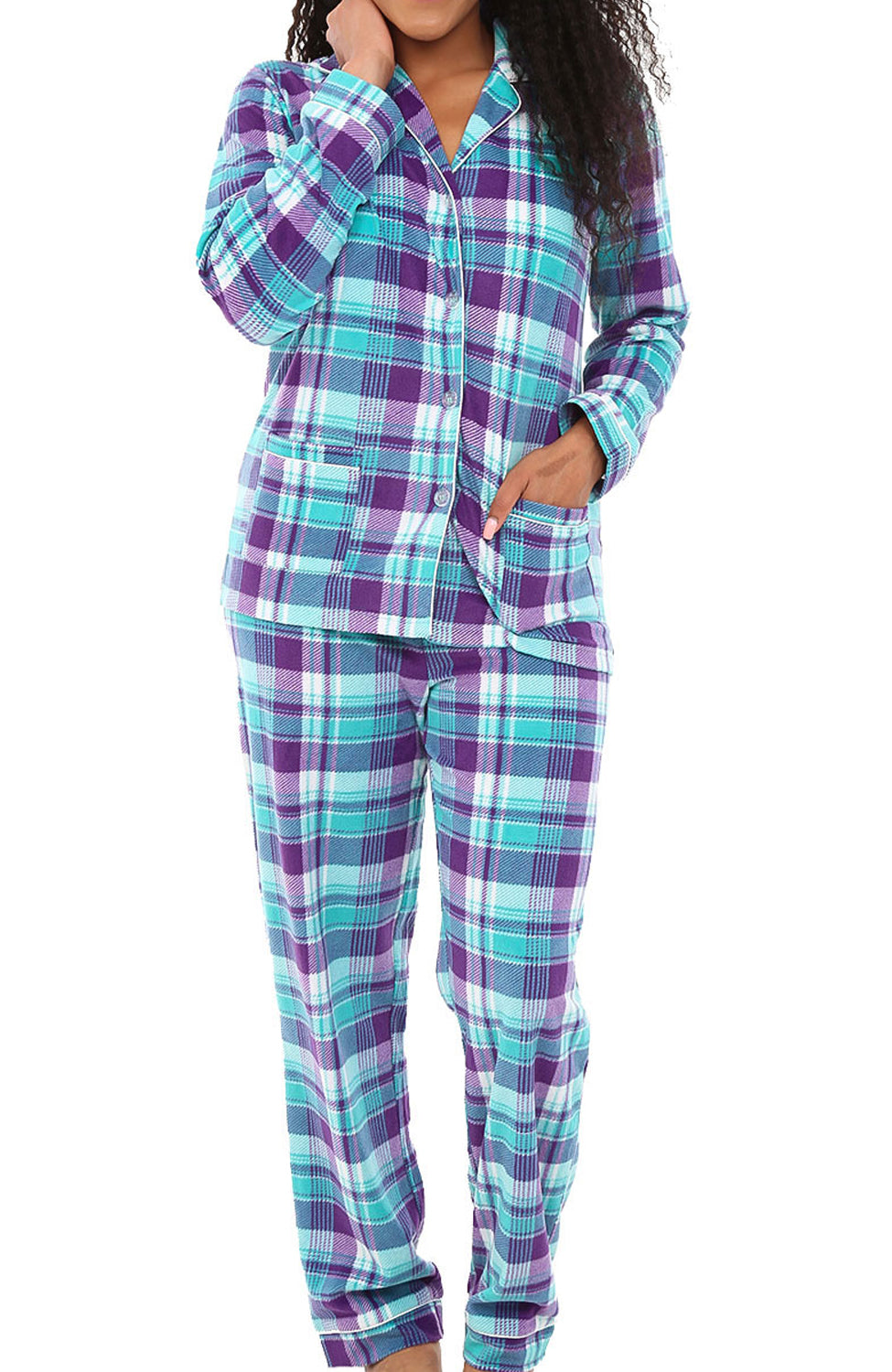 Women's Purple and Teal Plaid Soft Warm Fleece Pajamas Plush Lounge Set, Long Sleeve Top and Pants, PJ