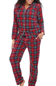 Women's Stewart Tartan Plaid Soft Warm Fleece Pajamas Plush Lounge Set, Long Sleeve Top and Pants, PJ