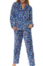 Women's Christmas Lights Soft Warm Fleece Pajamas Plush Lounge Set, Long Sleeve Top and Pants, PJ