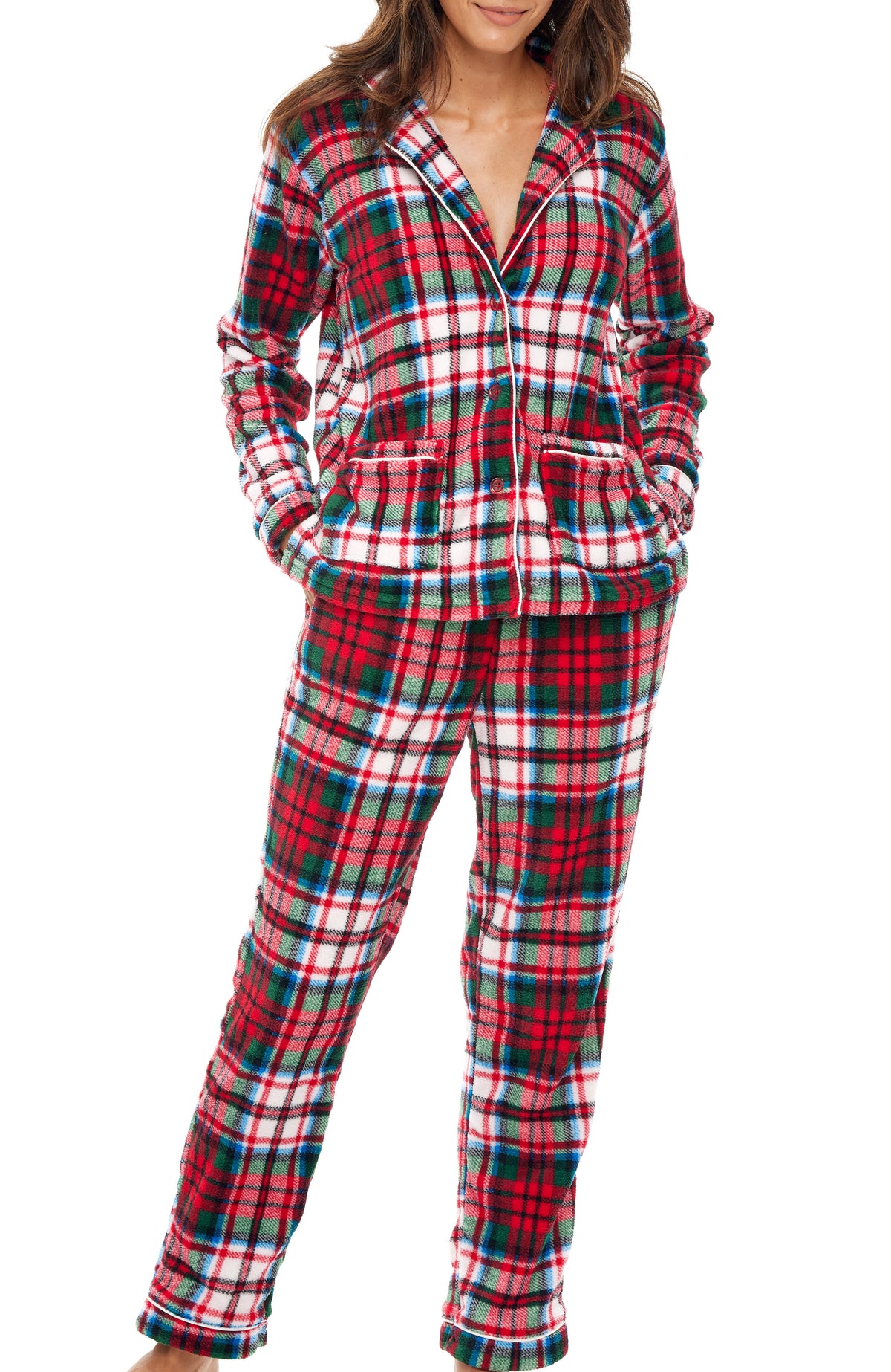 Women's Red Christmas Plaid Soft Warm Fleece Pajamas Plush Lounge Set, Long Sleeve Top and Pants, PJ