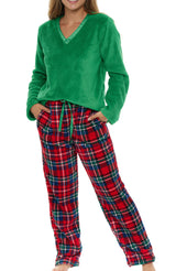 Women's Stewart Tartan Plaid Soft Warm Fleece Pajamas Plush Lounge Set, Long V Neck Top and Pants, PJ