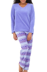 Women's Pastel Christmas Soft Warm Fleece Pajamas Plush Lounge Set, Long V Neck Top and Pants, PJ