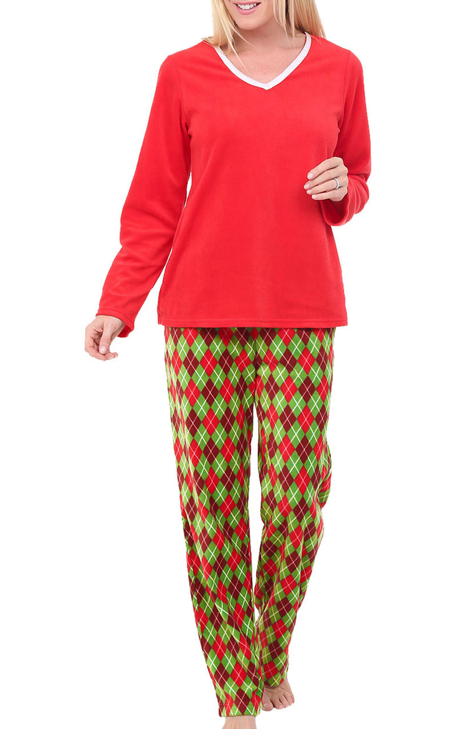 Women's Christmas Argyle Soft Warm Fleece Pajamas Plush Lounge Set, Long V Neck Top and Pants, PJ