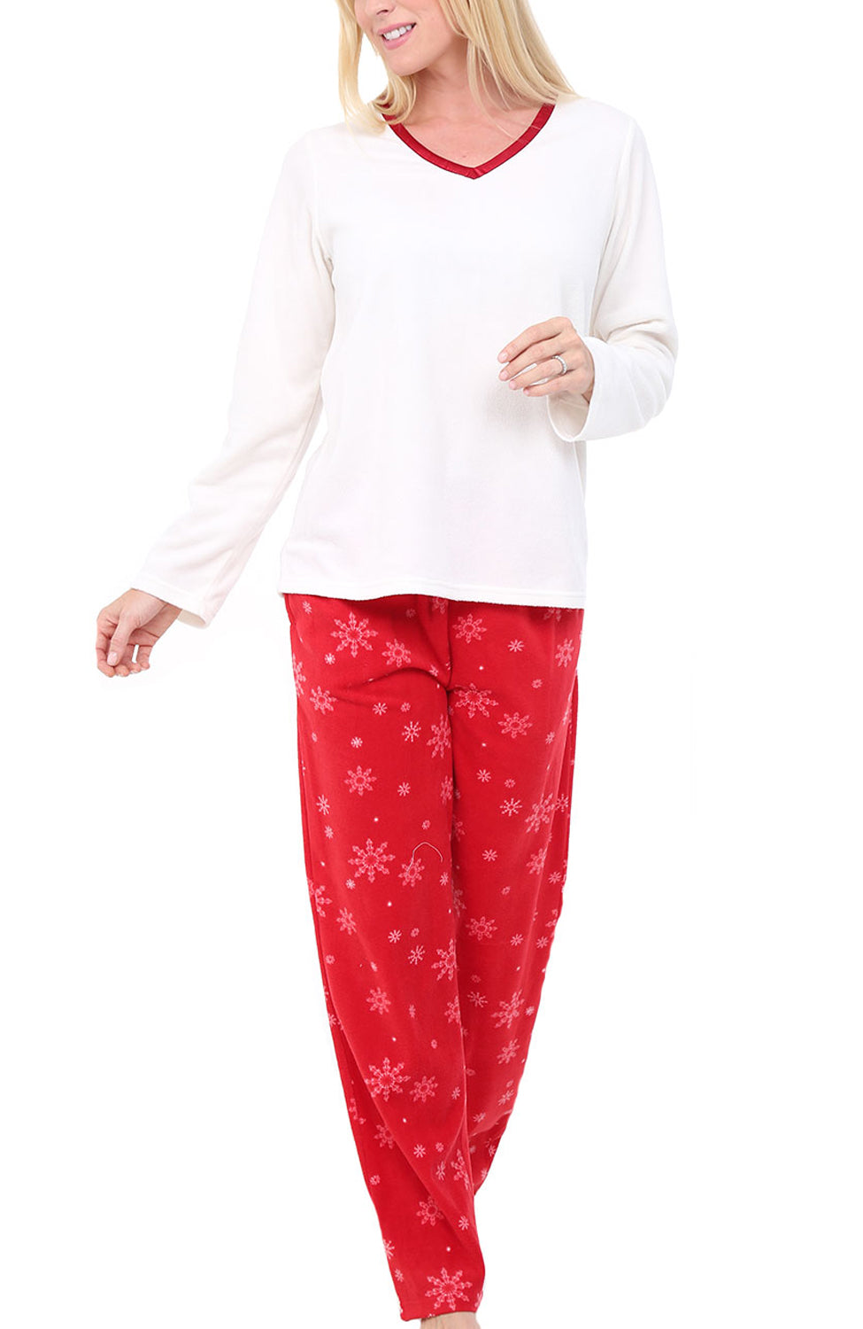 Women's Red Snowflakes with Red Trim Soft Warm Fleece Pajamas Plush Lounge Set, Long V Neck Top and Pants, PJ