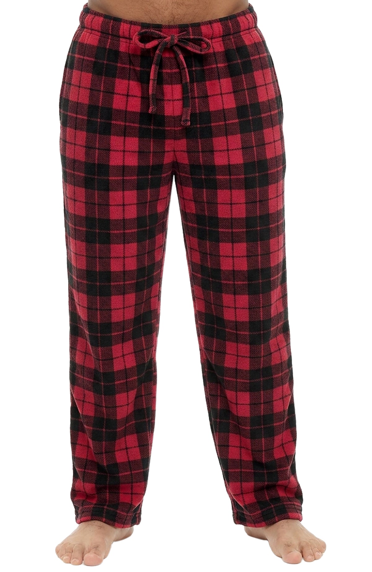 Men's Red Black Plaid Soft Plush Fleece Pajama Pants, Warm Long Lounge Bottoms