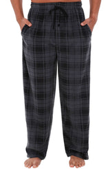 Men's Gray Plaid Soft Plush Fleece Pajama Pants, Warm Long Lounge Bottoms