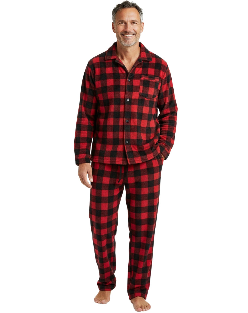 Men's Red Black Buffalo Check Plaid Plush Fleece Pajamas Set, Button Down PJs for Winter