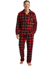 Men's Red Black Buffalo Check Plaid Plush Fleece Pajamas Set, Button Down PJs for Winter