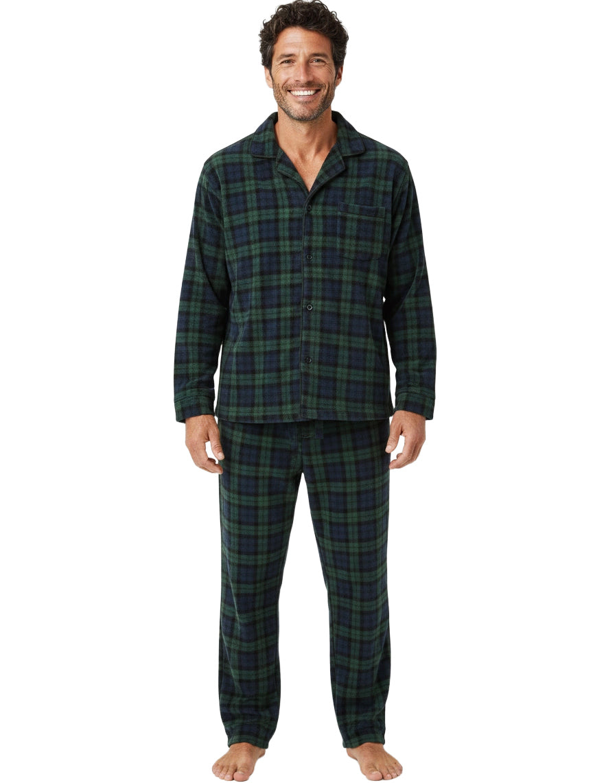 Men's Black Watch Tartan Plaid Plush Fleece Pajamas Set, Button Down PJs for Winter