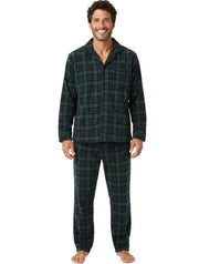 Men's Black Watch Tartan Plaid Plush Fleece Pajamas Set, Button Down PJs for Winter