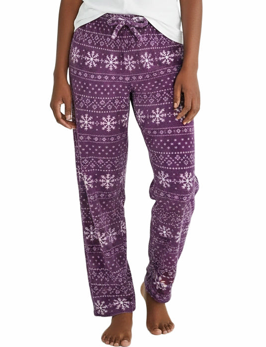 Women's Snowflake Fair Isle Purple Soft Warm Fleece Pajama Pants, Long Lounge Bottoms