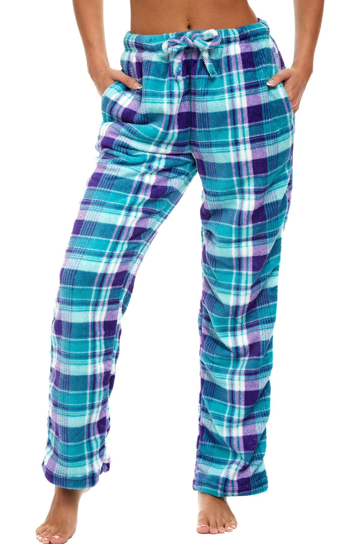 Women's Purple and Teal Plaid Soft Warm Fleece Pajama Pants, Long Lounge Bottoms
