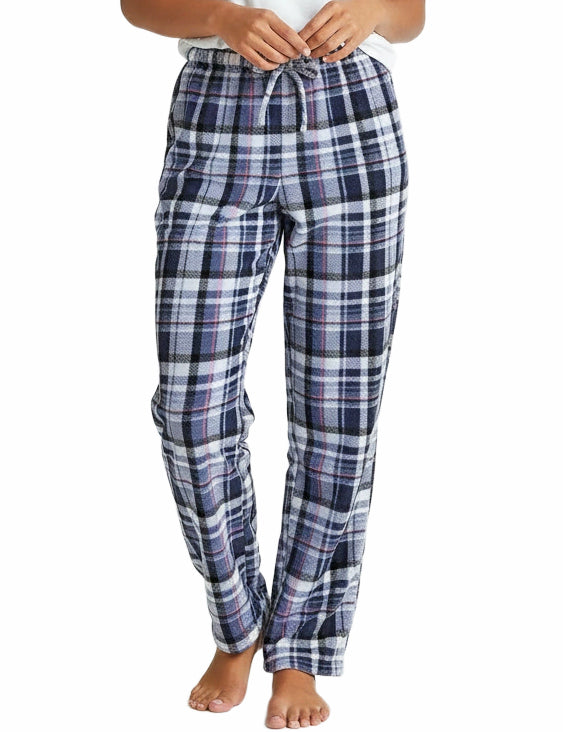 Women's Blue Plaid with Purple Trim Soft Warm Fleece Pajama Pants, Long Lounge Bottoms