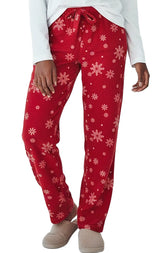 Women's Red Snowflakes with Red Trim Soft Warm Fleece Pajama Pants, Long Lounge Bottoms