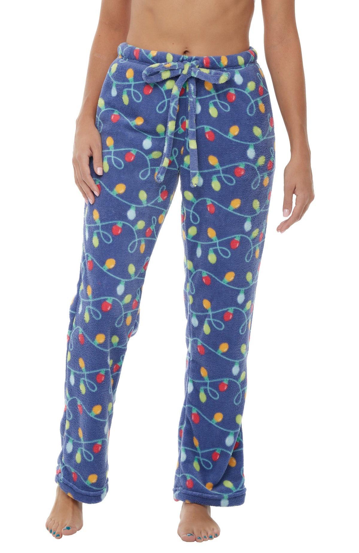 Women's Christmas Lights Soft Warm Fleece Pajama Pants, Long Lounge Bottoms