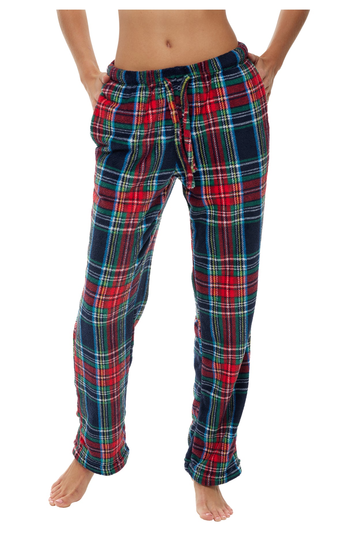 Women's Classic Tartan Plaid Blue Soft Warm Fleece Pajama Pants, Long Lounge Bottoms