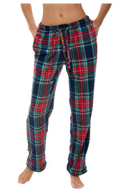 Women's Classic Tartan Plaid Blue Soft Warm Fleece Pajama Pants, Long Lounge Bottoms