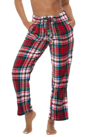 Women's Red Christmas Plaid Soft Warm Fleece Pajama Pants, Long Lounge Bottoms