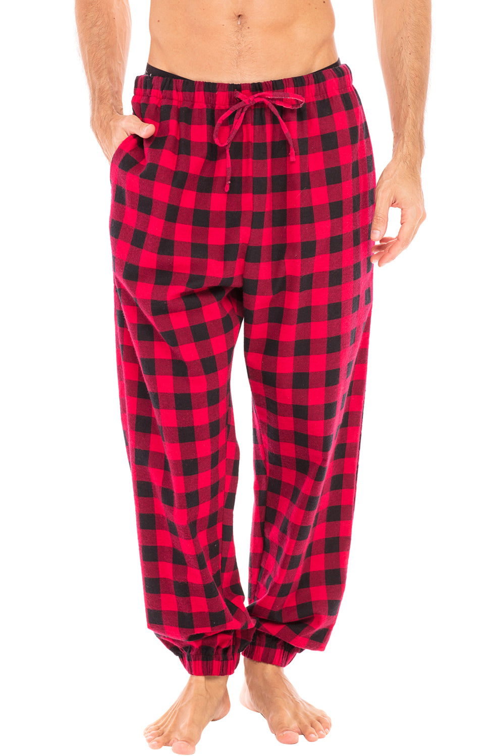 Men's Red Black Plaid Cotton Flannel Pajama Pants, Winter Joggers