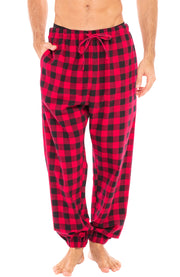 Men's Red Black Plaid Cotton Flannel Pajama Pants, Winter Joggers