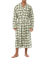 Men's Rustic Bear Green Wilderness Plaid Classic Cotton Flannel Robe with Pockets, Winter Bathrobe