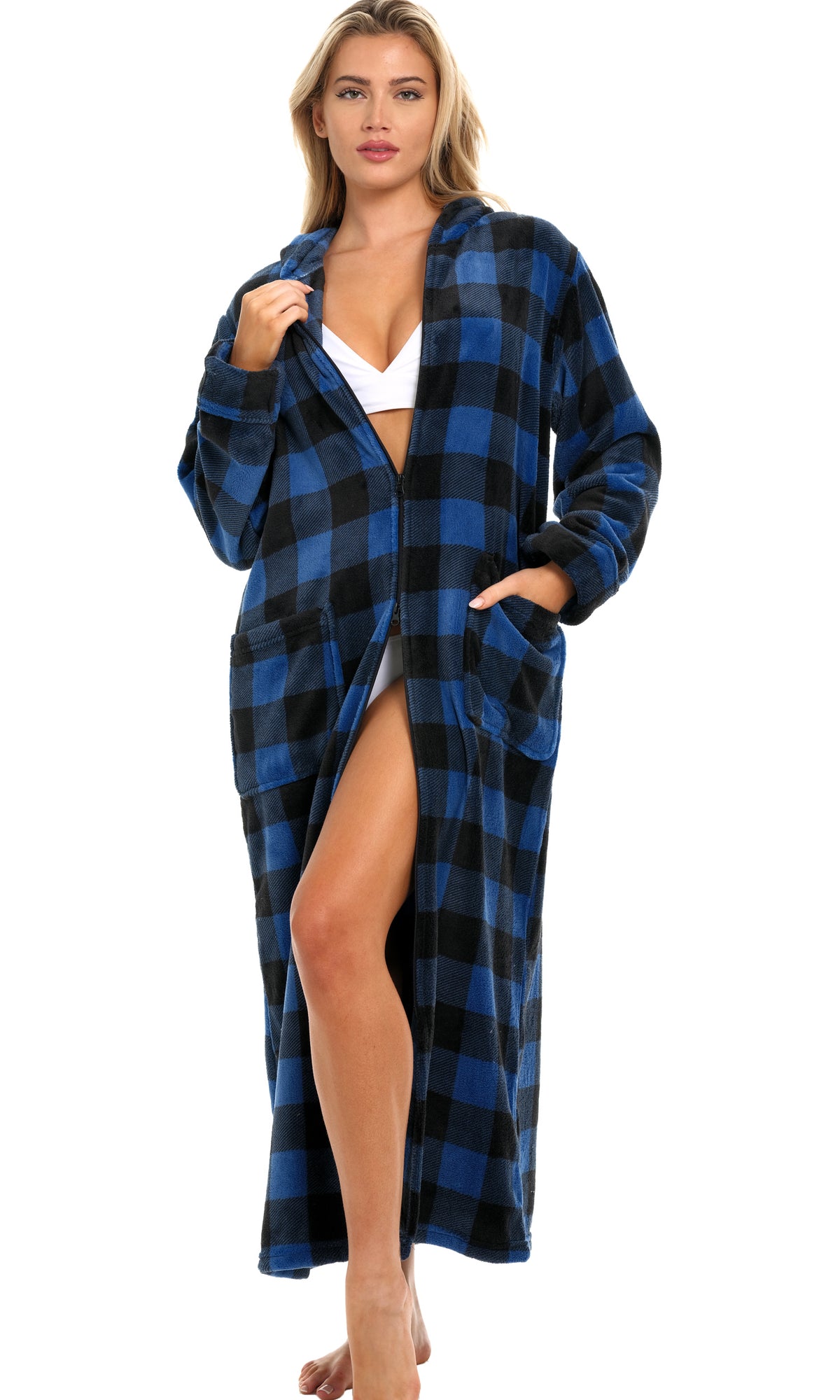 Women's Blue Buffalo Check Plaid Zip Up Fleece Robe with Hood, Oversized Hooded Bathrobe with Two Way Zipper