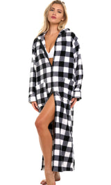 Women's Buffalo Check White Black Plaid Zip Up Fleece Robe with Hood, Oversized Hooded Bathrobe with Two Way Zipper