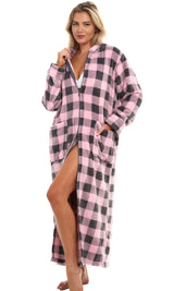 Women's Buffalo Check Pink Gray Plaid Zip Up Fleece Robe with Hood, Oversized Hooded Bathrobe with Two Way Zipper