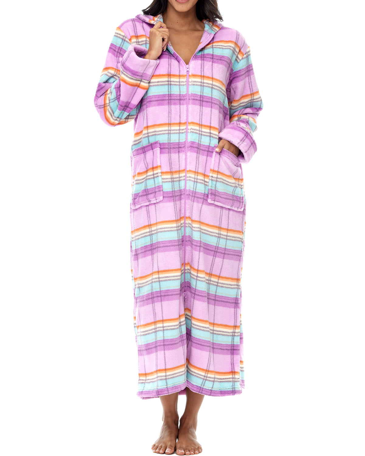Women's Pastel Plaid Zip Up Fleece Robe with Hood, Oversized Hooded Bathrobe with Two Way Zipper