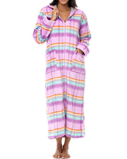 Women's Pastel Plaid Zip Up Fleece Robe with Hood, Oversized Hooded Bathrobe with Two Way Zipper