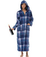 Women's Purple Tartan Plaid Zip Up Fleece Robe with Hood, Oversized Hooded Bathrobe with Two Way Zipper